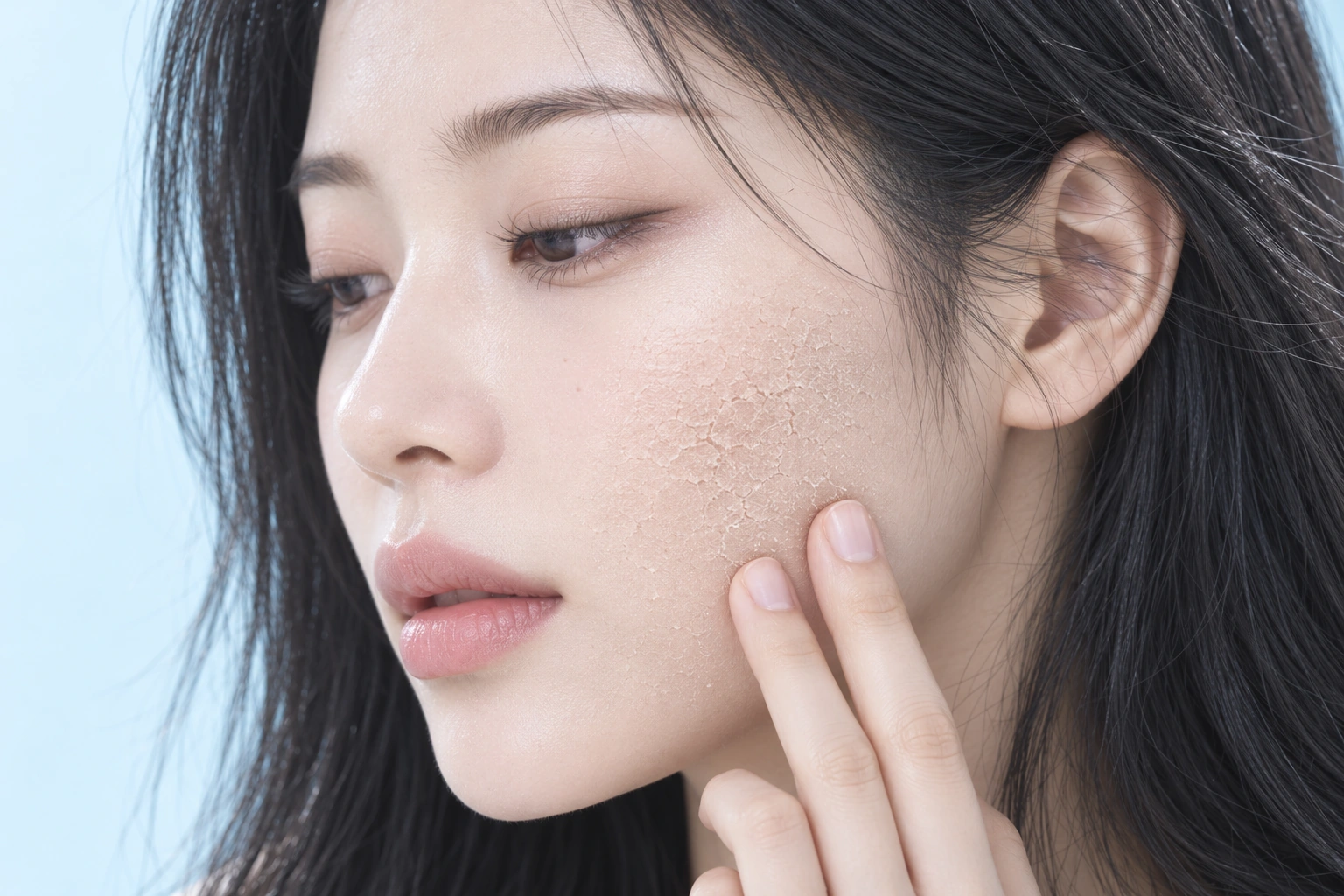 볼을 가볍게 짚은 가상 모델과 건조한 피부결을 표현한 콘셉트 이미지