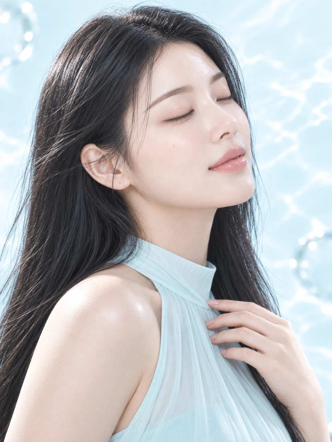 맑은 아쿠아 배경의 성인 한국인 가상 뷰티 모델 — AI 생성 이미지