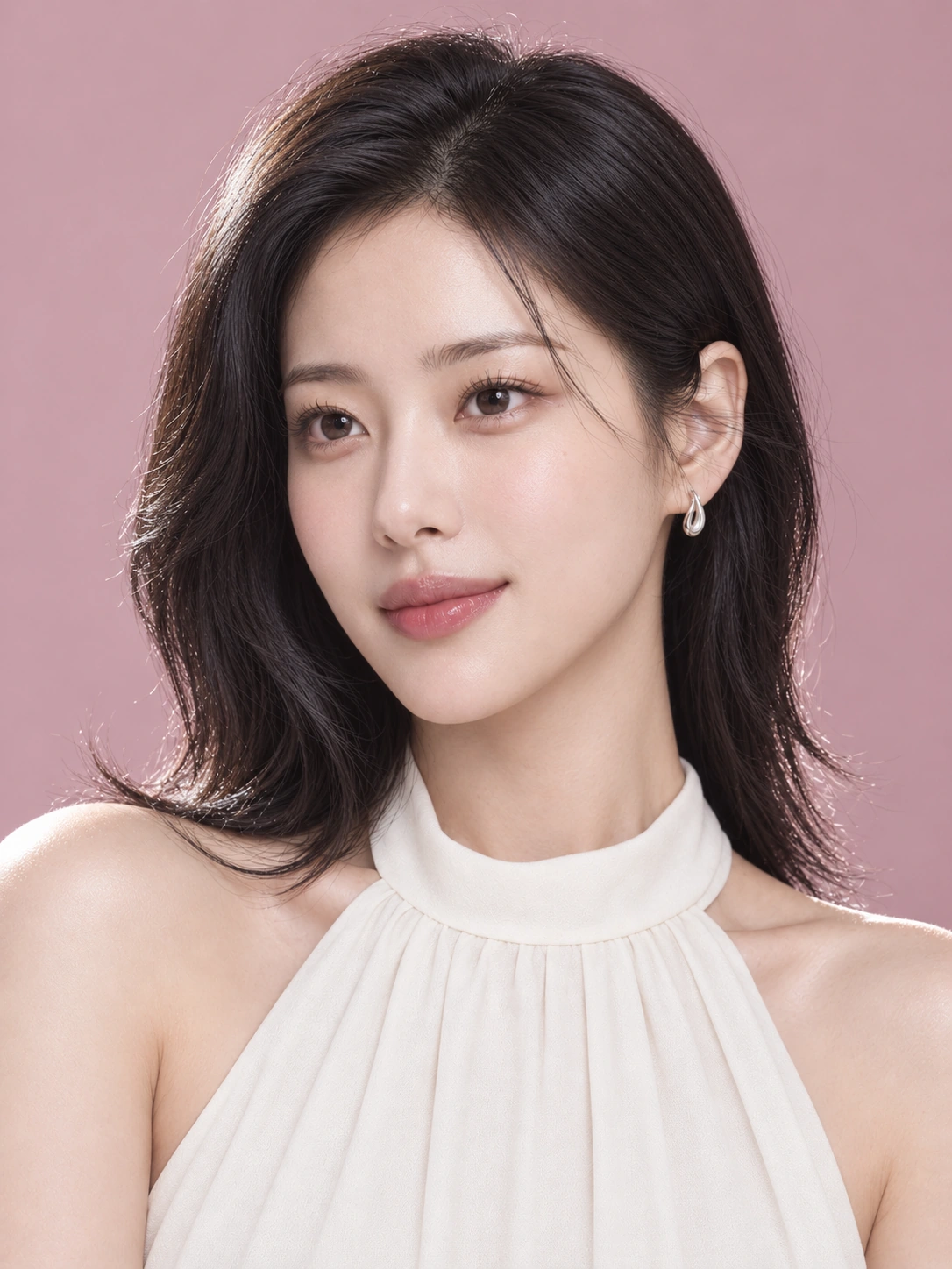 로즈빛 배경의 성인 한국인 가상 뷰티 모델 — AI 생성 이미지