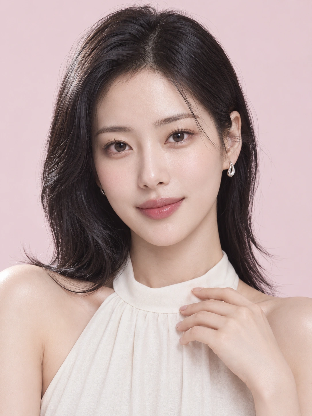 로즈빛 배경의 성인 한국인 가상 뷰티 모델 — AI 생성 이미지