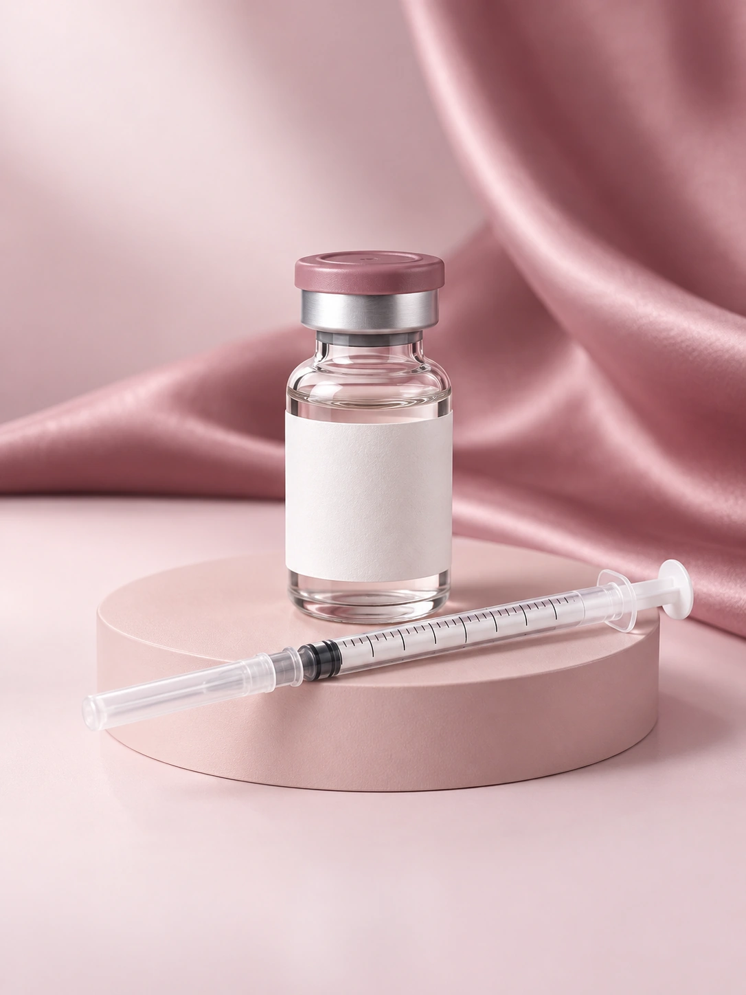 로즈 배경의 무브랜드 바이알과 시린지 — AI로 제작한 연출 이미지, 실제 사용 제품 사진 아님